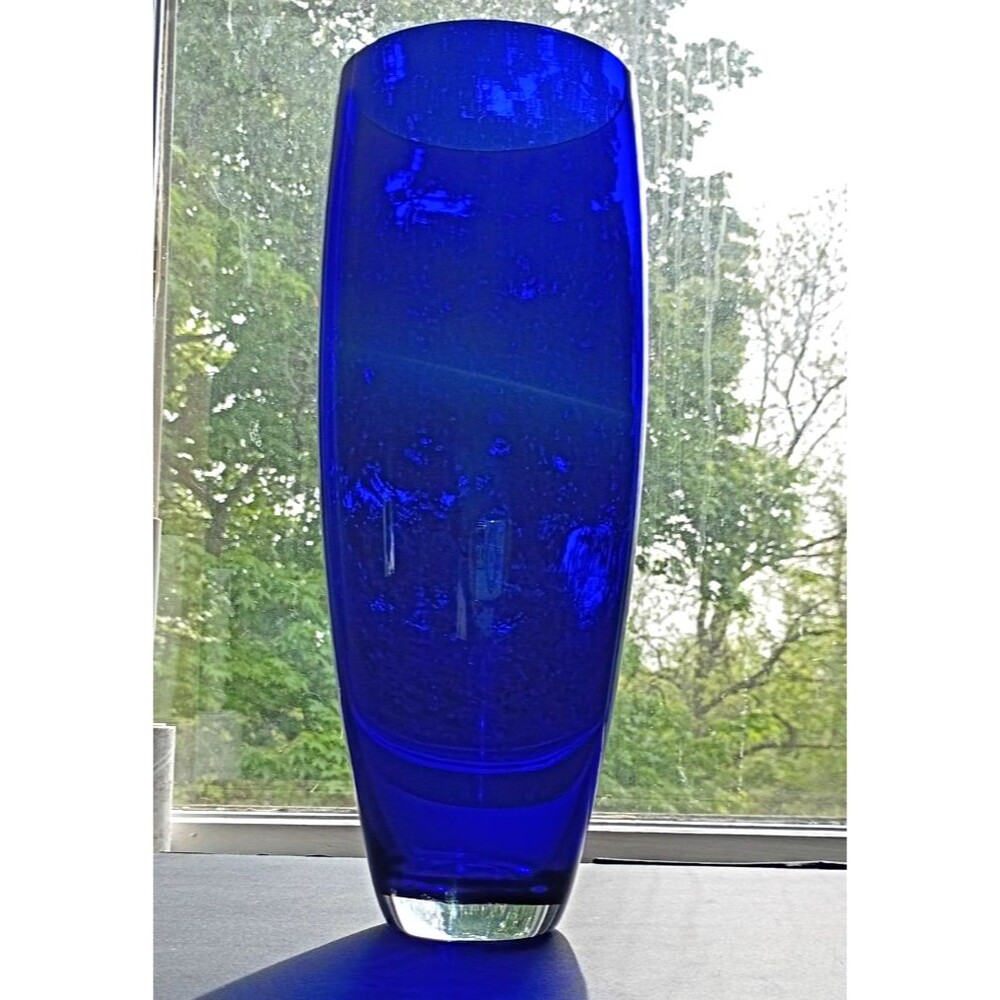 Vtg Cobalt Blue Art Glass Hand Blown Teardrop Cone Weighted Bottom 11.5" Vase